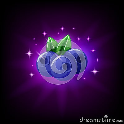 Blueberries with green leaf slot icon for online casino or mobile game, vector illustration with sparkles on dark purple Vector Illustration