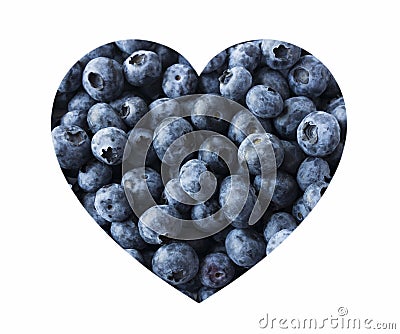 Blueberries in heart shape isolated on a white. Fresh Blueberry Background. Texture blueberry berries close up. Stock Photo