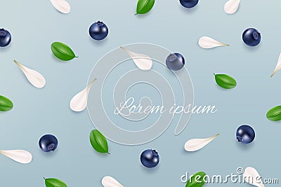 Blueberries, leaves and petals pattern on blue background. Top view. Valentine`s background. Floral pattern. Vector Illustration