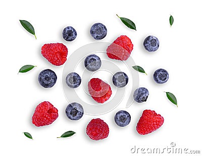 Blueberries and raspberries with green leaf solated on white Stock Photo