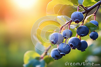 Blueberry bush with ripe berries on blurred background. Shallow depth of field, A branch with natural blueberries against a Stock Photo