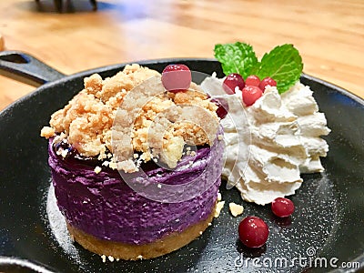 Blueberry cheesecake with whipped cream and cracker, cranberry and peppermint decorate inside classic pan crockery. Stock Photo