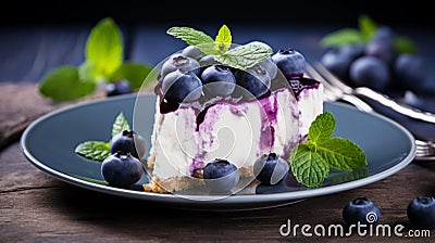 Blueberry cheesecake on wooden plate with blueberries. Generative AI Stock Photo