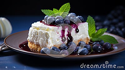 Blueberry cheesecake on wooden plate with blueberries. Generative AI Stock Photo