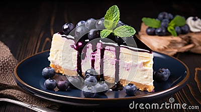 Blueberry cheesecake on wooden plate with blueberries. Generative AI Stock Photo