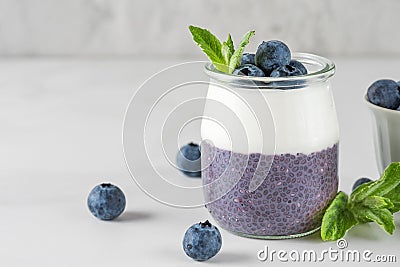 Blueberry chia pudding with coconut yogurt in a glass with fresh berries for healthy diet breakfast. Vegan food Stock Photo