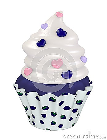 Blueberry cupcake with cream topping and hearts. Stock Photo