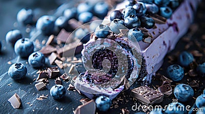 Blueberry dessert bar with fresh berries and chocolate pieces on a dark background Stock Photo