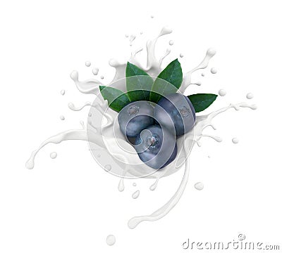 Blueberry Falling with Milk or yogurt Splash, 3d rendering Stock Photo