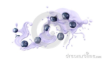 Blueberry Falling with Milk or yogurt Splash, 3d rendering Stock Photo