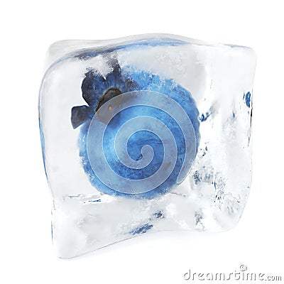 Blueberry frozen in ice cube, ice cube in front view, single ice cube isolated on white background. 3d rendering Stock Photo