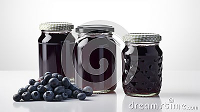 Blueberry jam and plump blueberries fruit Jars on white background with Generative AI Cartoon Illustration