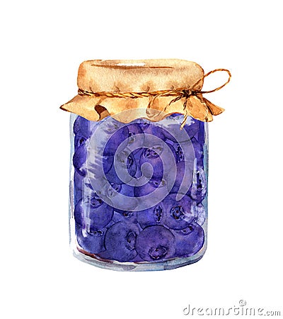 Blueberry jam in vintge glass jar. Watercolor Cartoon Illustration