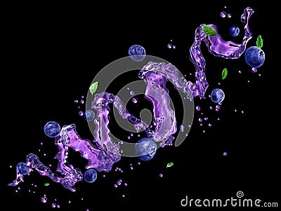 Blueberry juice liquid splash, decorative spiral. 3D illustration Cartoon Illustration