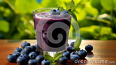 Blueberry Juice Resting on a rustic wooden table Stock Photo