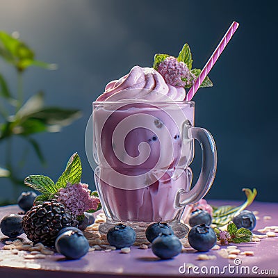 Blueberry milk shake in glass close up, AI Generated Stock Photo