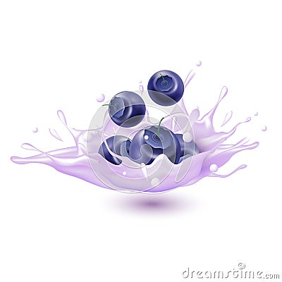 Blueberry milk with splashes realistic, Vitamin rich juices and yogurts for health. Vector Illustration