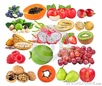 blueberry papaya Peach macadamia Dragon Fruit cocoa kiwi Strawberry coconut raspberry grape walnut burmese grape kiwi Stock Photo