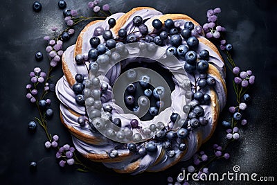 Blueberry quark wreaths pastry dessert on dark wooden background top view Stock Photo