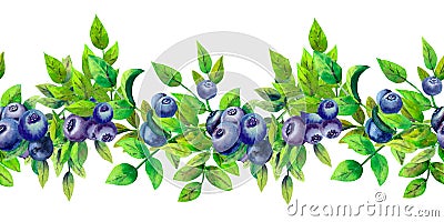 Blueberry. Repetition of summer horizontal border. Floral watercolor. Watercolor compositions for the design of greeting cards or Stock Photo