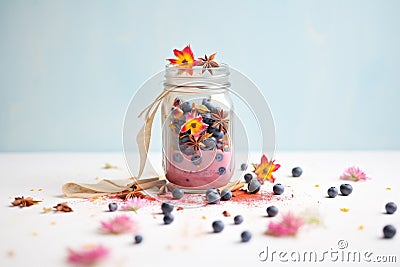 blueberry smoothie in mason jar, berries scattered around Stock Photo