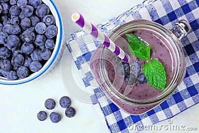 Blueberry smoothie in mason jar glass downward view Stock Photo