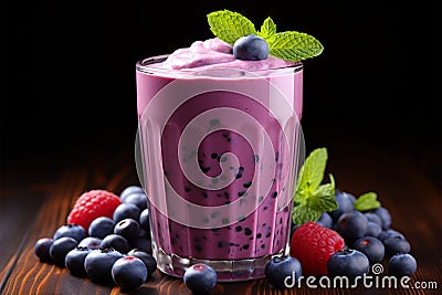 Blueberry smoothie or milkshake with fresh berries, a healthy breakfast Stock Photo