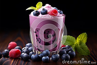 Blueberry smoothie or milkshake with fresh berries, a healthy breakfast Stock Photo