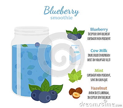 Blueberry smoothie, organic recipe, fresh ingredients - mint, berries, milk, nuts Vector Illustration