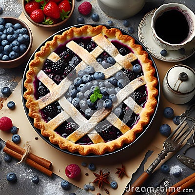 Blueberry tart with cup of coffee on a stone table. toning. selective focus Stock Photo