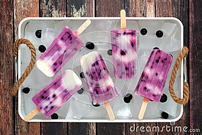 Blueberry vanilla ice pops in a vintage ice tray Stock Photo