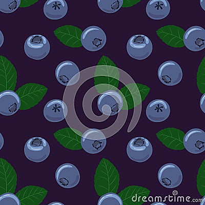 Blueberry vector seamless pattern. Natural fresh ripe tasty blueberries with green leaves. Vector Illustration