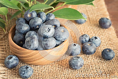 Blueberry in a wooden bowl on a sack. Stock Photo