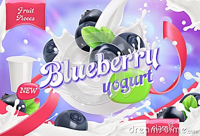 Blueberry yogurt. Fruits and milk splashes. 3d vector Vector Illustration