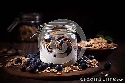 Blueberry yogurt granola glass jar. Generate ai Stock Photo