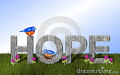 Bluebirds and Wooden Hope Background Stock Photo