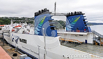 Bluebridge ferry in Picton port. Queen Charlotte sound and port with ferry leaving Editorial Stock Photo