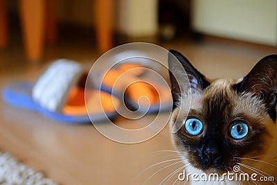 blueeyed cat staring into camera, slippers forgotten in the background Stock Photo