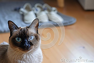 blueeyed cat staring into camera, slippers forgotten in the background Stock Photo