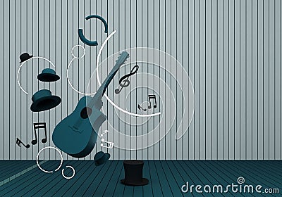 Bluegreen guitar and black hat with music keys Stock Photo