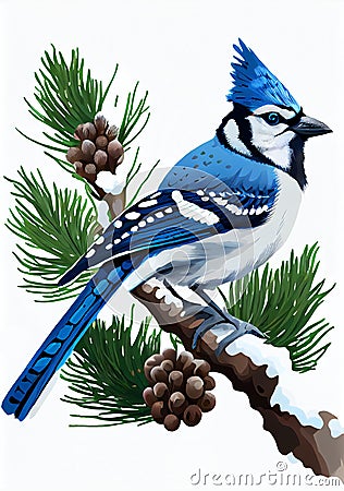 Bluejay on a Snowy Branch Stock Photo