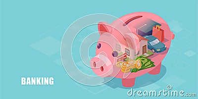 Piggy bank with dream home, car, education loan and cash savings inside Stock Photo