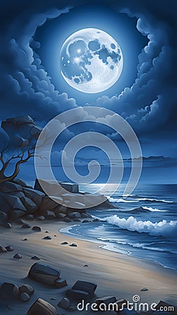 bluemoon overcasting the beach coast illustration Artificial Intelligence artwork generated Cartoon Illustration