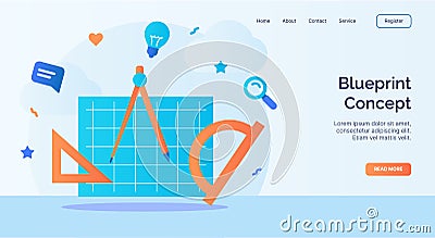 Blueprint concept drawing tool icon campaign for web website home page landing template with cartoon style Vector Illustration