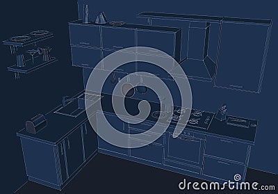 Blueprint 3d drawing of modern corner kitchen interior Stock Photo