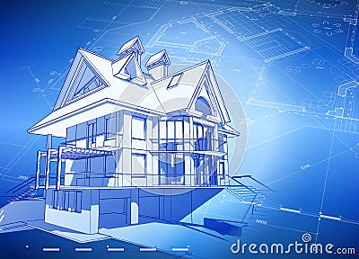 Blueprint 3d house & plan Cartoon Illustration