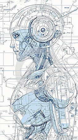 Blueprint design of a robot showcasing technical details and dimensions in a digital format Stock Photo