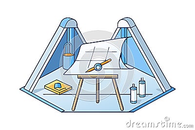 Blueprint drafting scene featuring precision tools, grid paper, and architectural instruments in an organized vector illustration Vector Illustration