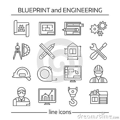 Blueprint And Engineering Linear Icons Set Vector Illustration