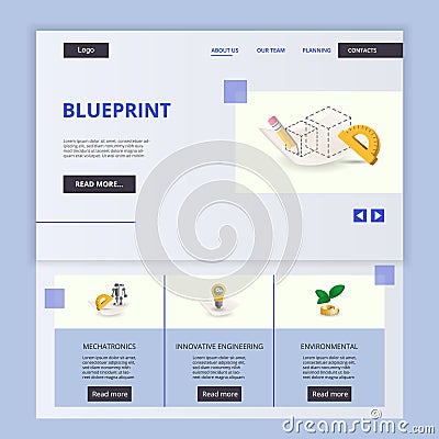 Blueprint flat landing page website template. Mechatronics, innovative engineering, environmental. Web banner with Vector Illustration